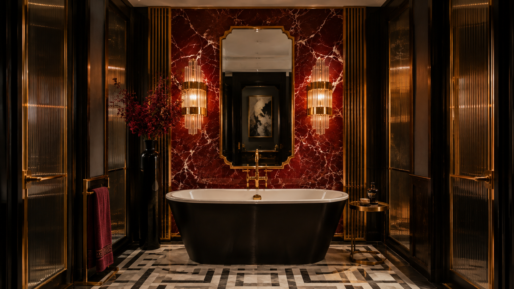Art Deco inspired bathroom with symmetrical brass wall sconces flanking a red marble mirror frame